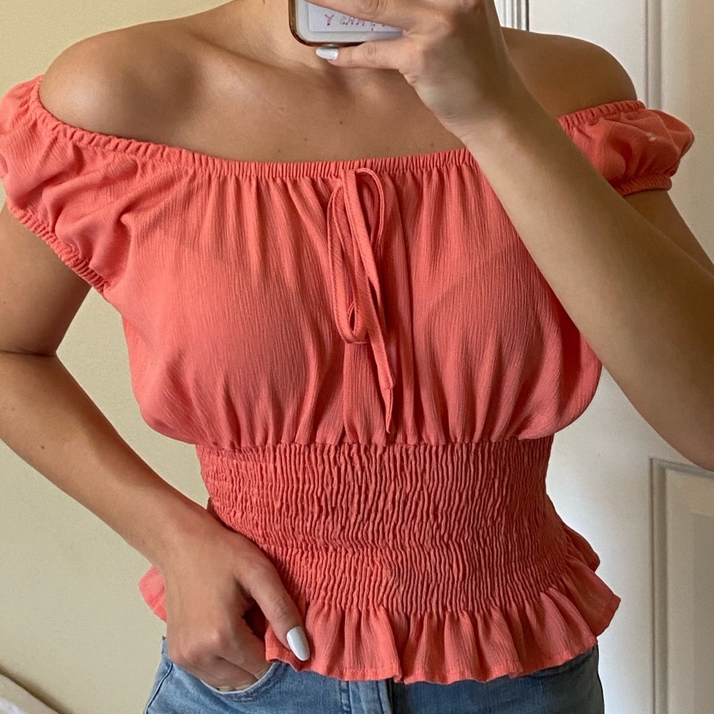 Bright coral off the shoulder top